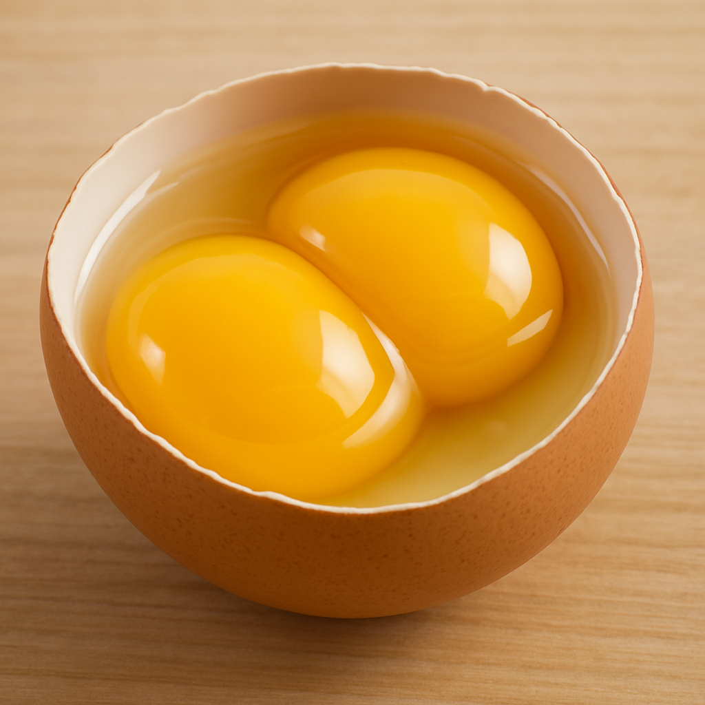 Nahaufnahme eines geöffneten Eies mit zwei Eigelben