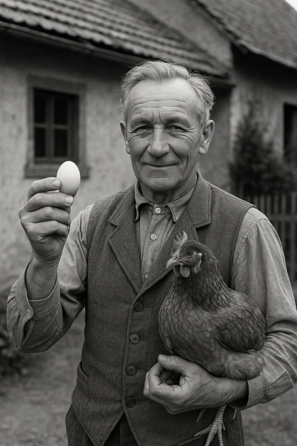 Schwarzweißfoto eines Mannes mit Huhn und Ei vor einem Bauernhaus